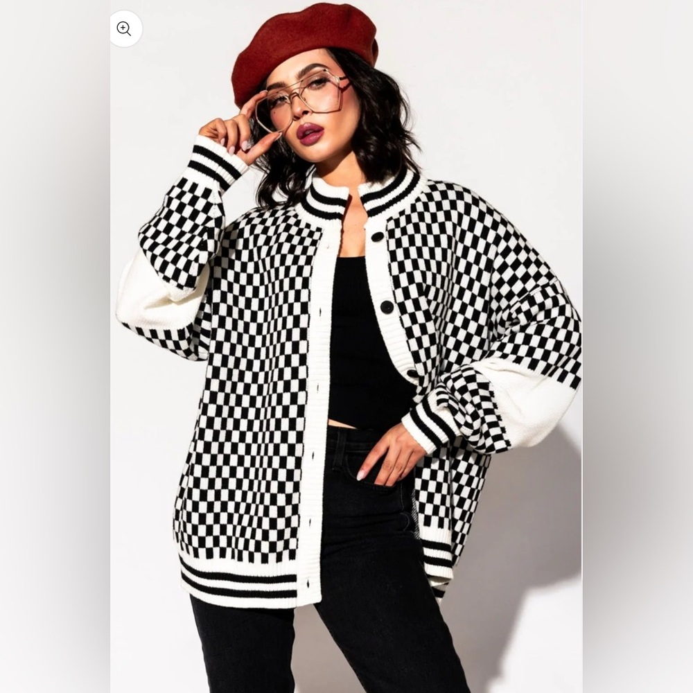 Dressed in LALA Black and White Checkered grandpa cardigan